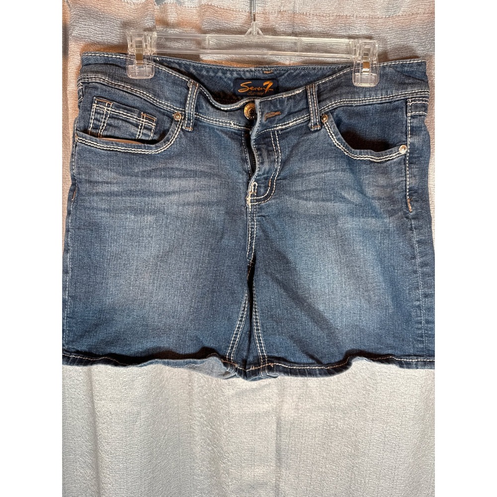 Seven7 JUNIOR Denim Jean Shorts Distressed White Stitching Size 8‎